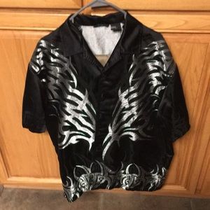 MT 2 Tribal pattern shirt. Rayon/nylon mix fabric